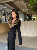 Dodobye American V-neck Leopard Print Fur Collar Cardigan Autumn Winter New Sweaters Coat Women Y2k Slim Fit Long Sleeve Tops Mujer