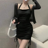 Dodobye Halter Neck Drawstring Black Mini Dress Women Off Shoulder Sexy Party  Club Tank Bodycon Short Summer Dresses Y2K