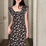 Dodobye Korean Style Hot Girl Floral Kawaii Dress Elegant Tighten The Waist 2024 Spring Summer New Dress Vintage Women Lovely Dress