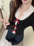 Black Friday Dodobye Sexy Off Shoulder Knitwear Women Black Hollow Out Sweater with Bow White Lace Vest Spring Autumn Korean Fashion Clothes