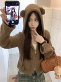 Black Friday Dodobye Kawaii Brown Bear Ears Hooded Sweatshirt Fleece Zip Up Cropped Hoodies Cutecore Korean Style Autumn Winter Clothes Women