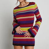 Dodobye Sexy Backless Tie-up Long Sleeve Dress Chic Women Elegant Lady Knitted Striped Mini Dress Summer Beach Holiday Club Party