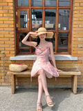 Dodobye French Retro Elegant Chiffon Midi Dress Women Casual Light Pink Printed Sleeveless Dress Beach Fashion Vintage Chic Summer 2024