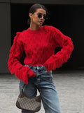 Black Friday Dodobye Splice Tassel Short Knitted Top Female Solid Slim Fit Long Sleeves Fashion Pullover Sweater Women's Autumn Winter Casual