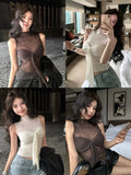 Black Friday Dodobye Y2k Sweater Vest with Bow Half High Collar Jumpers Sexy Slim Sleeveless Knitted Underwear Korean Fashion Autumn Winter