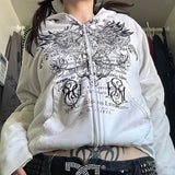 Dodobye Gothic Harajuku Mall Goth Hoodies 2000s Y2K Cyber Grunge Emo Zip Up Sweatshirts Vintage Graphics Print Coat Streetwear