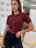 Black Friday Dodobye Angora Red Single Breasted Twist Knitted T-Shirt Short Sweater Top Women‘s Casual Chic Solid Slim Short Sleeve Top Female