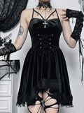 Women's New Temperament Elegant Dress 2024 Lace Splicing Diablo Style Tied Velvet Short Skirt