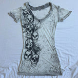 Dodobye Graphic Tie Dye V Neck Crop Tops Y2K E-girl Gothic Grunge Skull Print Tshirt 2000s Retro Emo Short Sleeve Slim Fit Tees Clothes