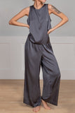 Dodobye Satin Slit Tank Top Wide Leg Long Pants Set