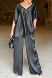 Dodobye Satin V Neck Half Sleeve Long Pant Set