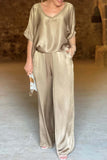 Dodobye Satin V Neck Half Sleeve Long Pant Set