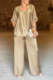 Dodobye Satin V Neck Half Sleeve Long Pant Set