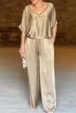 Dodobye Satin V Neck Half Sleeve Long Pant Set