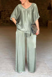 Dodobye Satin V Neck Half Sleeve Long Pant Set