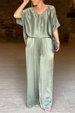 Dodobye Satin V Neck Half Sleeve Long Pant Set