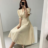 Dodobye High Quality New Women Summer Clothes Elegant V-Neck Slim Office Lady Casual A-Line Bandge Pleated Dress Vestidos