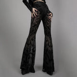 Women's Elegant Design Trousers 2024 Skinny Sheer Cross Totem Flocked Mesh Flared Pants