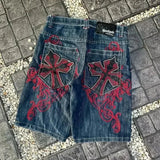 Dodobye American New Retro Bone Wash Jeans Shorts Women Y2K High Street Skull Embroidery Shorts Men Harajuku Casual Joker Straight Pants