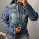 Dodobye Tracksuit Matching Sets Sexy Denim Spliced Shorts Long Sleeve Zipper Distressed Washed Jackets Short Sets Skinny Streetwear