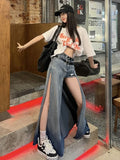 Dodobye Y2k Blue Denim Split Skirt Women Irregular Gradient High Waist Long Skirts American Retro Streetwear Design Skirt Summer