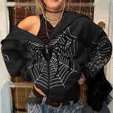 Dodobye Hoodie Dark Spider web printed Goth Black hoodie sweatshirt zipper Streetwear Oversized Jacket Men and Women Hoodie interesting