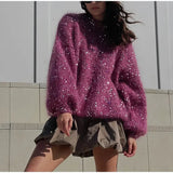 Black Friday Dodobye Fashion Sequined Mohair Sweater Women's New Loose O-neck Lantern Long Sleeve Glitter Knitted Pullover Sweater Streetwear