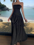 Dodobye Elegant Strapless Evening Party Black Dress New Summer Holiday Solid A-line Long Dresses for Women Backless Prom Robe Vestidos