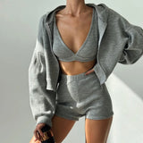 Dodobye-2024 Spring and Summer knitted zipper hooded cardigan sweatshirt V-neck bra high-waisted tight shorts casual three-piece set