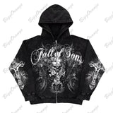 Dodobye Retro Fashion Gothic Skull Bone Print Oversized Hoodie women Y2K Street Hip Hop Versatile Slim Casual Sweater Clothes