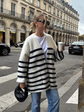 Dodobye Color Blocking Striped Pocket Women's Cardigan V-neck Fashion Long Sleeved Loose Sweater 2024 Autumn Female Commute Streetwear