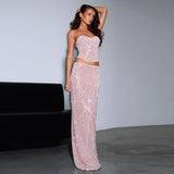 Dodobye Sequin Glitter Backless Evening Party Two Piece Set Strapless Top Long Skirt Women Set Elegant Summer 2 Piece Set Women