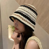 Dodobye Handmade Crochet Striped Bucket Hat For Women Hollow Knitted Cotton Panama Lovely Rainbow Fisherman Hats Summer Holiday Sun Caps