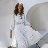 Dodobye Sexy Hollow Out White  Summer Dress Beach Tunic Women Beachwear Long Sleeve Front Open Self Belted Maxi Dresses Q964