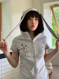 Dodobye Kawaii Bunny T-shirts Women Cutecore Gray Short Sleeve Top with Zipper Japan Style Skinny Star Printed Graphic Tees 2024