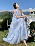 Dodobye French Elegant Backless Beach Vacation Long Dress women Summer Chic Plaid V-neck Party Dress Female High Waist A-line Clothing