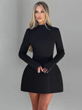 Black Friday Dodobye Elegant Long Sleeve Backless Mini Dress For Women O Neck High Waist A-line Club Party Sexy Bodycon Dress Solid Autumn New