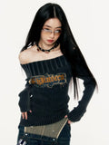 Black Friday Dodobye Y2k Vintage Striped Off Shoulder Sweater Gray Letter Print Pullover Gothic Style Long Sleeve Punk Grunge Alt Clothes 90s