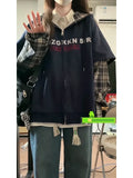 Black Friday Dodobye Navy Blue Letter Print Zip Up Hoodies Women Fake Two Pieces Plaid Long Sleeve Sweatshirt Autumn Korean Fashion Kpop Top