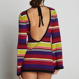 Dodobye Sexy Backless Tie-up Long Sleeve Dress Chic Women Elegant Lady Knitted Striped Mini Dress Summer Beach Holiday Club Party