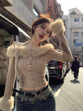 Dodobye Fur Collar Off Shoulder Halter Tops Mujer Y2k Slim Fit Long Sleeve Cardigan 2024 Autumn Winter New Bottoming Sweaters