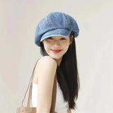 Dodobye Vintage Women Denim Beret Octagonal Hats Classic Washed Cotton Newsboy Caps Beret Hat Flat Brim Female Spring Painter Berets Cap