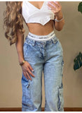 Dodobye-American Vintage Women Cargo Pants Low Waist Straight Fake Zippers Multis Pockets Baggy Jeans Y2K Blue Aesthetic Old Trousers