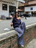 Black Friday Dodobye Navy Blue Skew Collar Sweatshirt Women Letter Print Oversized Streetwear Hoodie Wide Leg Plaid Pants Two Peice Sets Chic