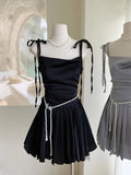 Dodobye Sexy Satin Short Dress with Belt Chain Women New Summer Solid Spaghetti Strap Slim A-line Pleated Korean Chic Y2K Party Dresses