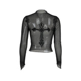 Women's Gothic Directional Design New Halloween Blood Work Give Mesh Cross Print Long Sleeve Top