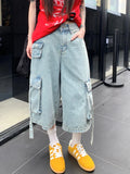 Dodobye Y2k White Calf-Length Cargo Pants Women Baggy High Wasit Denim Shorts Safari Style Summer Korean Wide Leg Jeans Female