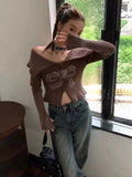 Black Friday Dodobye Bow Print Off-shoulder Knitwear Gradient Cardigan Sweater Zipper Maillard Style Fairy Grunge Long Sleeve Top Y2k Clothes