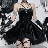 Women's New Temperament Elegant Dress 2024 Lace Splicing Diablo Style Tied Velvet Short Skirt