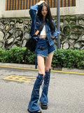 Black Friday Dodobye Streetwear Blue Cowboy Tops Coat Asymmetrical Design Lace Up Denim Mini Skirt Autumn Three Piece Sets Womens Outfits